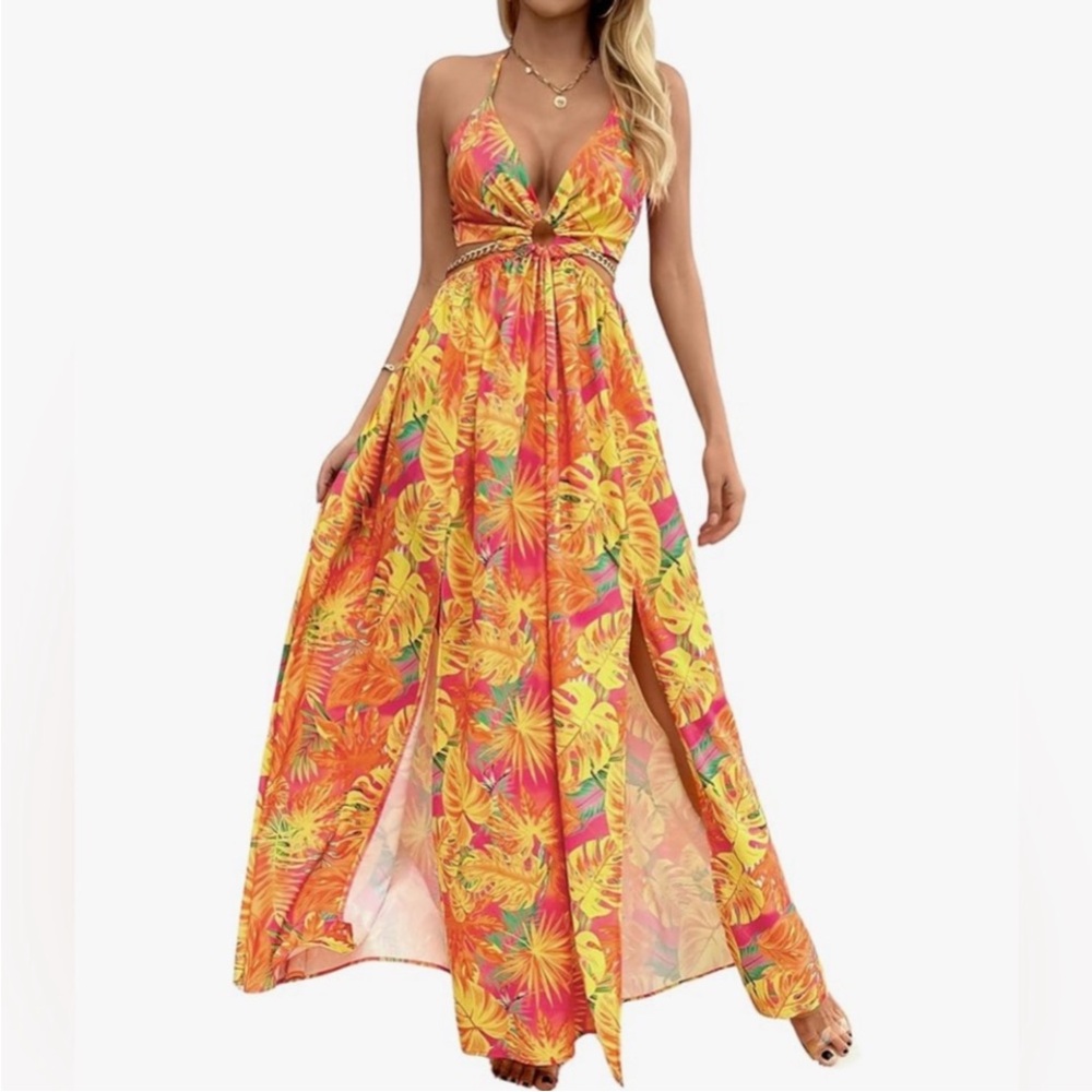 Tropical Print Halter Maxi Dress